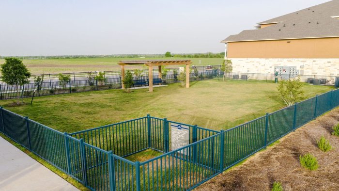 a fenced in yard with a blue fence and a green lawn at The Biltmore at  Park